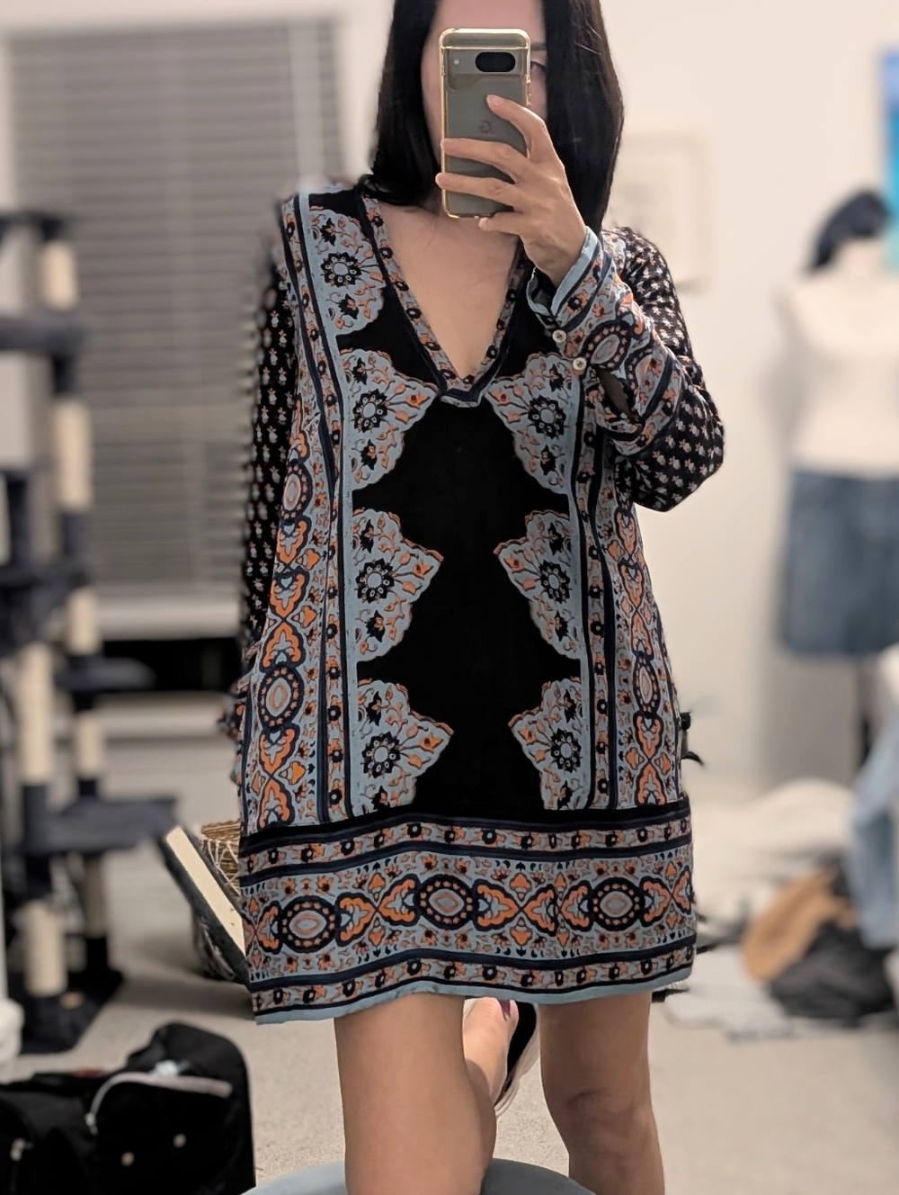 Free People Navy Mini Dress With Light Blue And Orange Mixed.Bohemian Inspired